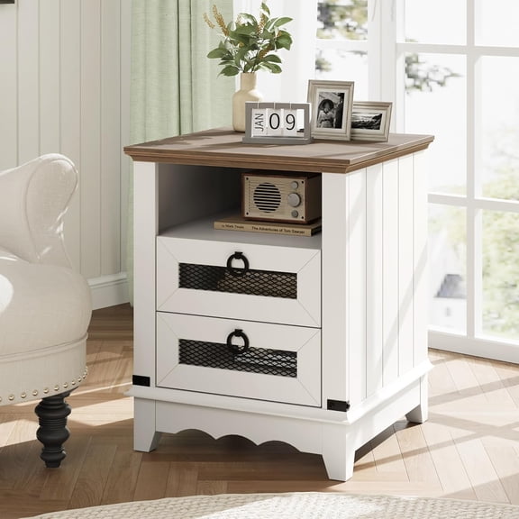 End Table Farmhouse Side Table 18" Nightstand Industrial Bedside with Charging Station Night Stand 2 Drawers Bed Side Table Open Cubby Wood Sofa Side Table for Living Room Bedroom