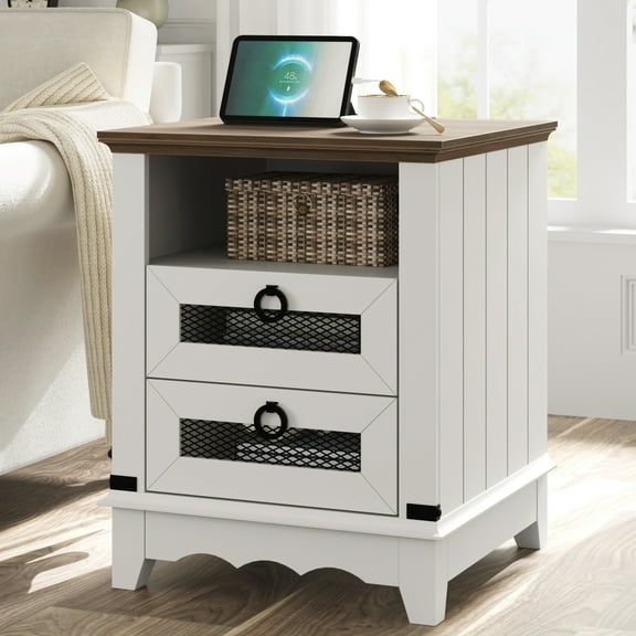 End Table, Farmhouse Side Table, Industrial 18" W Nightstand End Table with Charging Station, 2 Drawers Bed Side Table, Open Cubby Wood Sofa Side Table for Living Room Bedroom