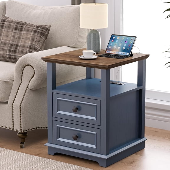 End Table with Fast USB C Charging Station, 18" Wide Tall Sofa Side Table with 2 Drawers, Large Storage Rustic Wood Square Storage Cabinet for Living Room,Bedroom,Office, Blue