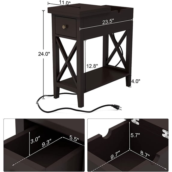 End Table with Flip Top and Charging Station, Narrow Side Table with Storage Cabinet and USB, Skinny Sofa Table with Power Outlet for Living Room Bedroom, Espresso