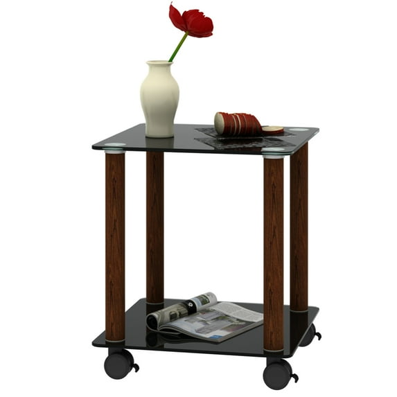 End Table, Glass Side Table with Metal Tube, Smooth Top, Open Bottom Shelf, Modern 2 Tier Square Sofa Table Nightstand