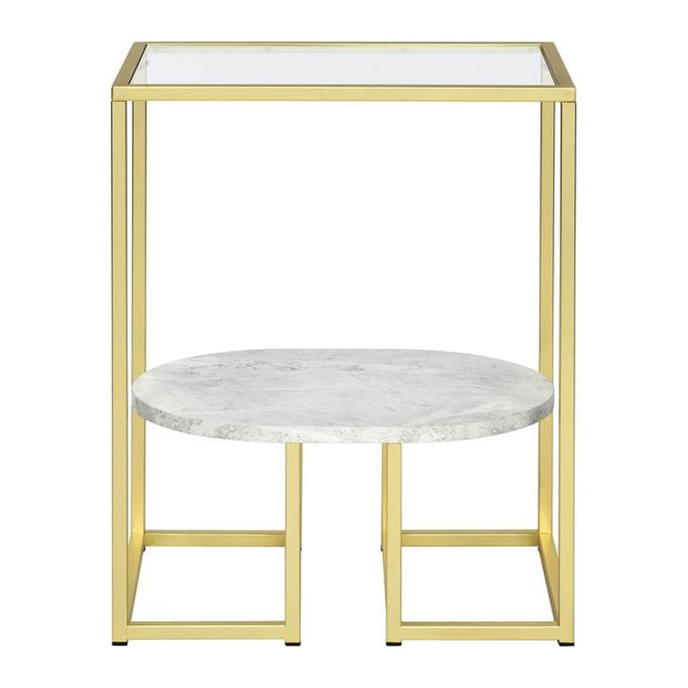 Gold Glass Top Rectangular Metal End Table with Marble Shelf