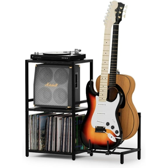 End Table with Guitar Stand,Record Player Stand,Vinyl Records Storage,2-Tier Guitar Stand for Acoustic, Electric Guitar,Bass,Turntable Stand Side Table for Music Room Studio Living Room-Black