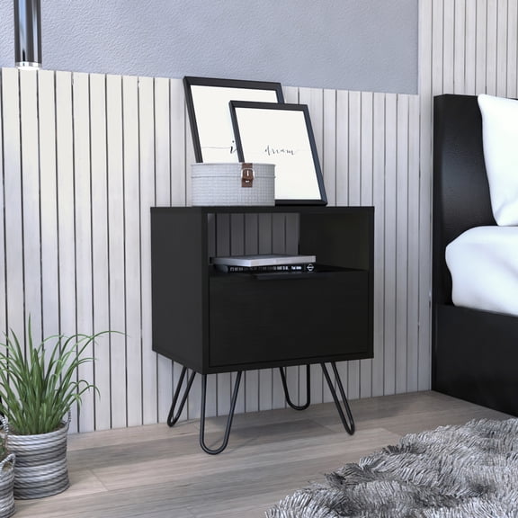End Table With Hairpin Legs In Black, Compact Bedroom Or Living Room Storage, Particleboard Construction Black Side Table, Multipurpose Drawer And Shelf, , Easy To Assemble