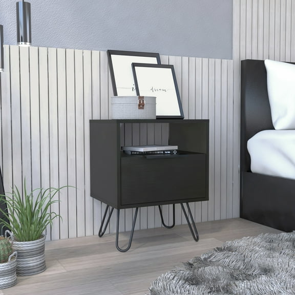 End Table With Hairpin Legs - Black. Straightforward Assembly. Versatile For Bedroom Or Living Space. 14.3"x5" Drawer And Open Shelf. 22.8"x17.7"x13.7" Size. Particleboard Construction. Compact
