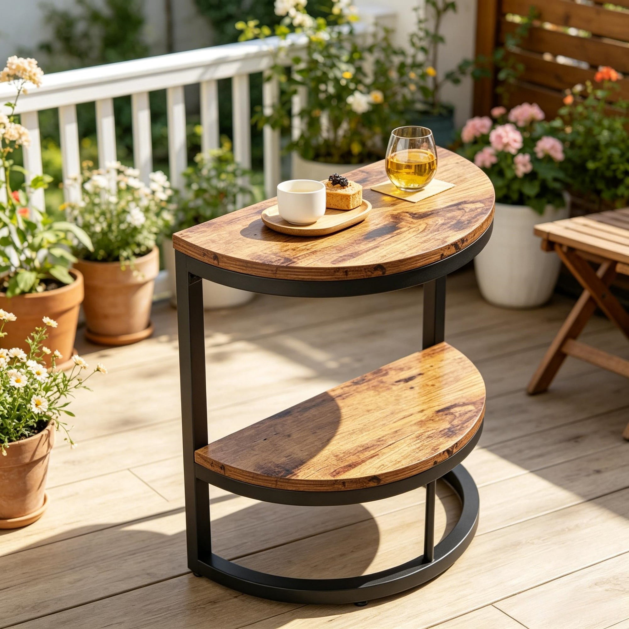 End Table, Half-Moon Side Table with Rustic Brown Wooden Board, 23.62 in Height, for Living Room, Bedroom, Small Spaces