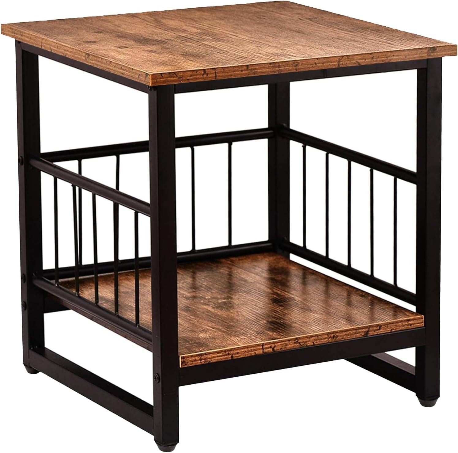 End Table, Industrial Side Table with 2-Tire Storage Shelf, 180LBS Mini Fridge Stand with Adjustable Feet, 18"x18" Wood Night Stand Small Bedside Table with Sturdy Metal Frame for Living Room Bedroom