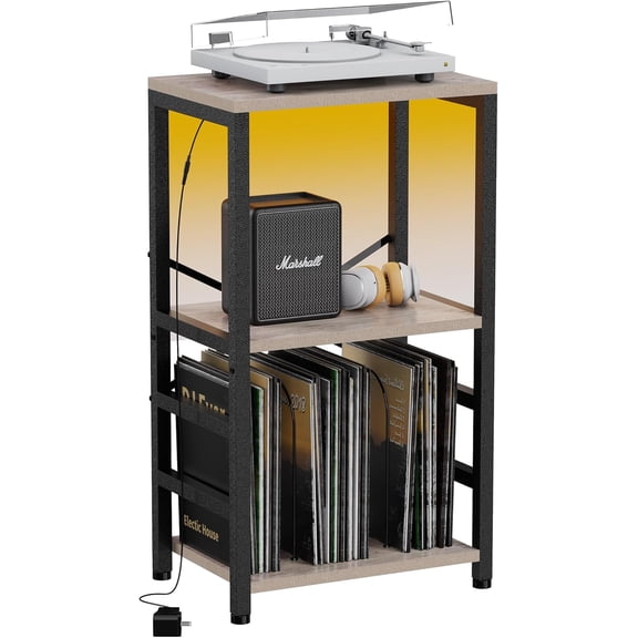 End Table with LED Light,Record Player Stand with Albums Storage,Vinyl Records Storage,Turntable Stand Side Table for Music Room Studio Living Room Bedroom-Greige