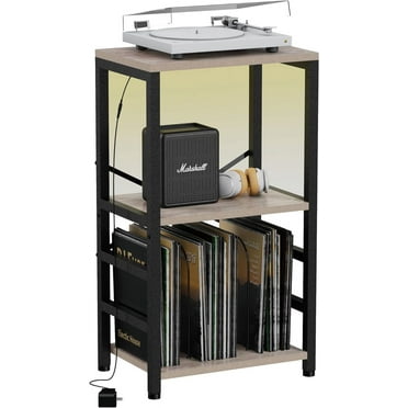 End Table with LED Light,Record Player Stand with Albums Storage,Vinyl Records Storage,Turntable Stand Side Table for Music Room Studio Living Room Bedroom-Greige
