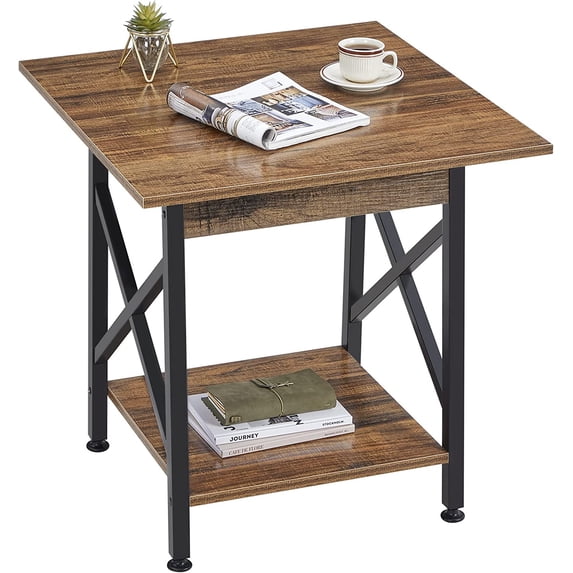End Table Large 24 inch Farmhouse Industrial Design Side Table Nightstand with Storage Shelf for Living Room, Easy Assembly, Walnut