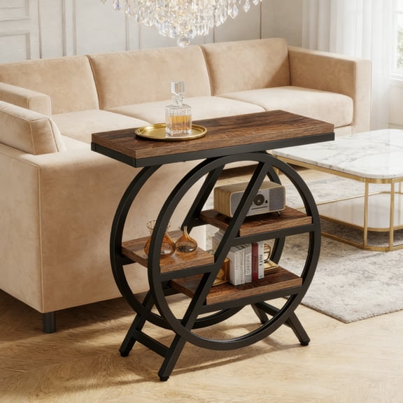 End Table for Living Room, 3-Tier Narrow Side Table with Storage, Wood Sofa Side Table with Geometric Metal Frame, Industrial Nightstand and Bedside Table for Bedroom