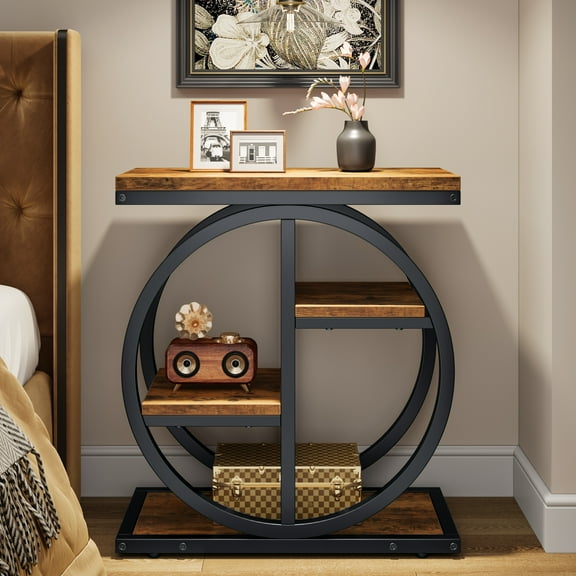 End Table for Living Room, 3-Tier Narrow Side Table with Storage, Wood Sofa Side Table with Geometric Metal Frame, Industrial Nightstand and Bedside Table for Bedroom