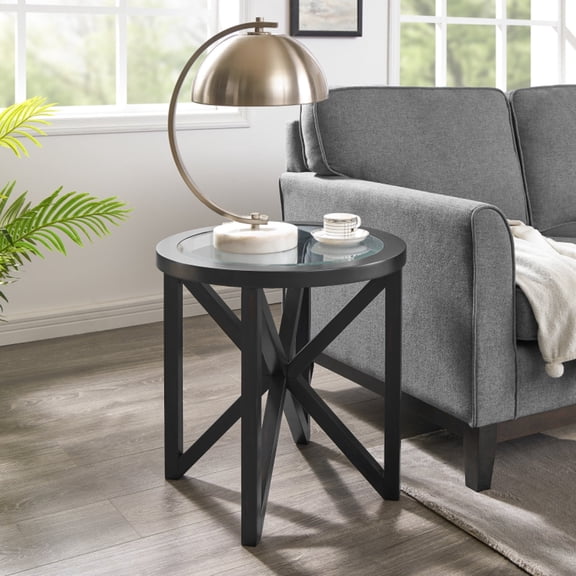 End Table Living Room Sofa Side Table Modern Simple Round Transparent Tempered Glass Top and Wood Base Office Terrace Study Accent End Table