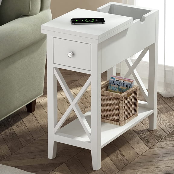 End Table, MDF Material Flip Top Narrow End Table with Drawer, Accent Small Side Table Nightstand for Living Room, Bedroom, and Small Spaces - White