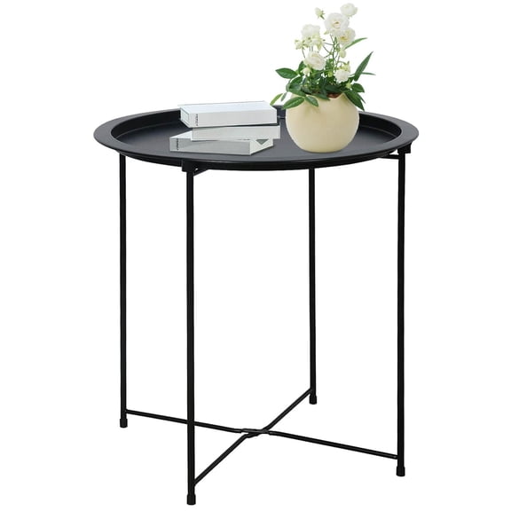 End Table Metal Side Table Black Round Folding Tray Cyan Sofa Small Accent Fold-able Table, Round End Table Tray, Next to Sofa Table, Snack Table for Living Room and Bed Room