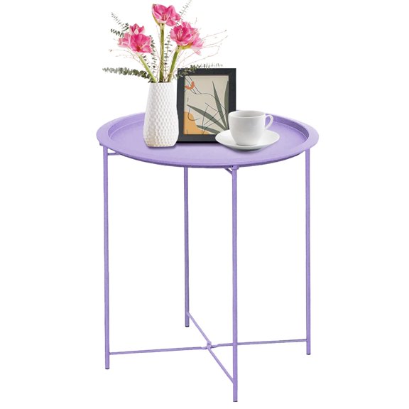 End Table Metal Side Table Black Round Folding Tray Cyan Sofa Small Accent Fold-able Table, Round End Table Tray, Next to Sofa Table, Snack Table for Living Room and Bed Room