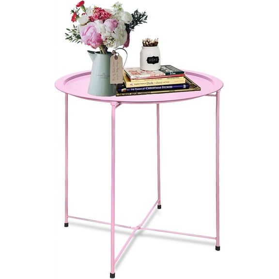 End Table Metal Side Table Pink Round Folding Tray Cyan Sofa Small Accent Fold-able Table, Round End Table Tray, Next to Sofa Table, Snack Table for Living Room and Bed Room