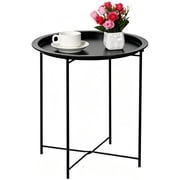 End Table, Metal Side Table Round Folding Tray Sofa Small Accent Fold-able Table, Round End Table Tray, Next to Sofa Table, Snack Table for Living Room and Bed 