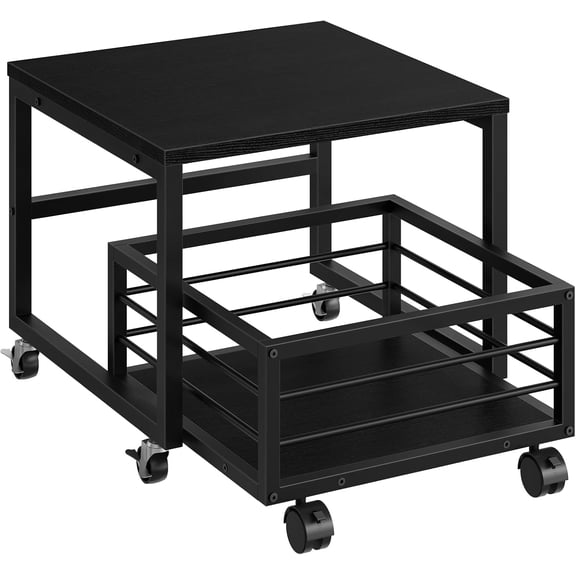End Table, Mini Fridge Stand with Storage, Mini Fridge Table with Wheels and Adjustable Feet, Sturdy Metal Frame, for Living Room, Bedroom, Office, Black