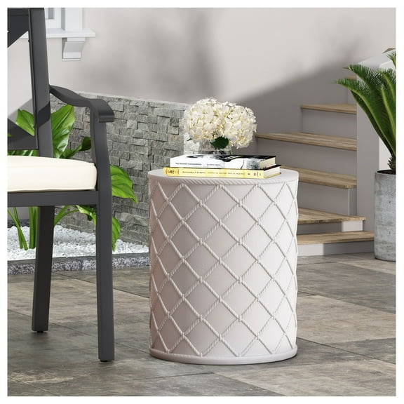 End Table, Modern Outdoor Indoor Side Table Lightweight Concrete with Rope Detail, Patio Coffee Table, Small Accent Table for Living Room Bedroom