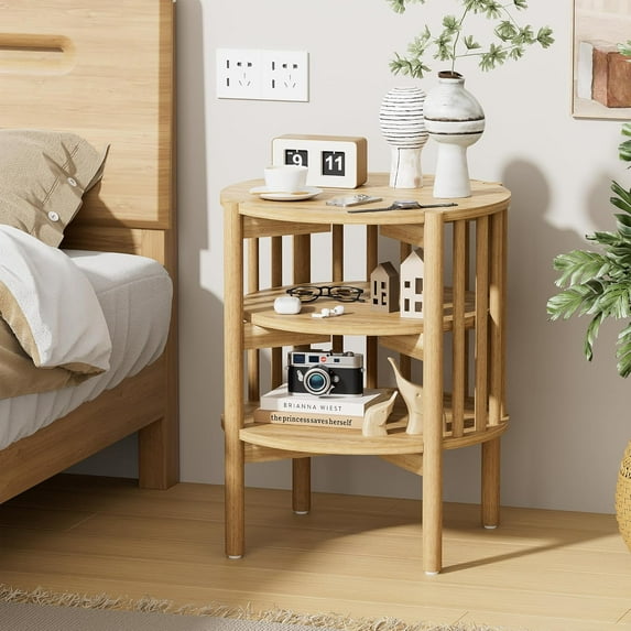 End Table, Modern Wood Nightstand with Open Storage, Round End Table for Living Room, Bedroom, Nature