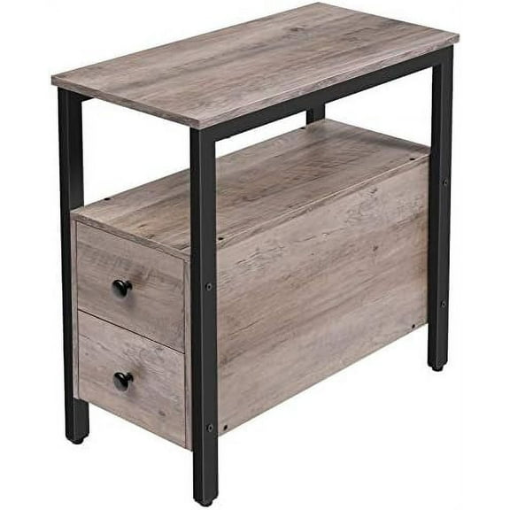 End Table, Narrow Chairside Table with Drawer and Open Storage Shelf, Nightstand for Small Spaces, Stable and Sturdy Construction, Wooden Look Accent Furniture, Greige and Black BG548BZ01G2