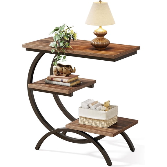 End Table, Narrow End Table with 3 Storage Shelves, Industrial C-Shaped Small Sofa Side Table for Living Room, Wood Slim Snack Table with Black Metal Frame, Rustic Brown