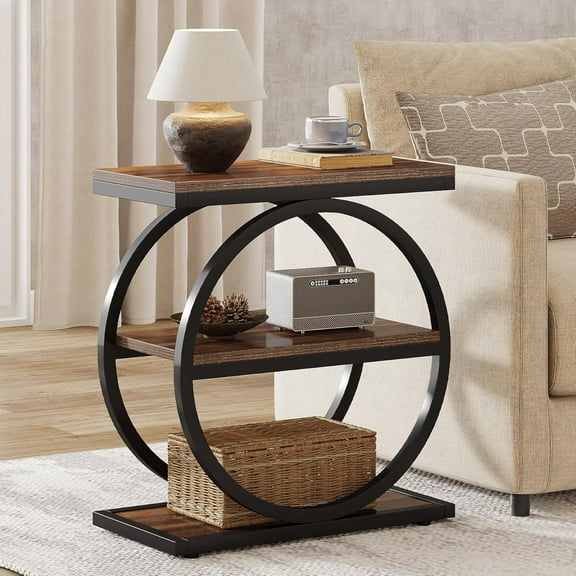 End Table, Narrow End Table with 3 Storage Shelves, Wood Side Table with Black Metal Frames, Industrial Small Sofa Side Table for Living Room
