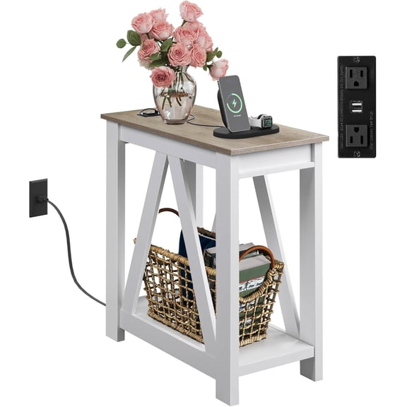End Table, Narrow Side Table with Charging Station, Slim End Table, Side Table for Bedroom, Living Room, Small Spaces, 2 USB and 2 Power Outlets, 11.8" D x 23.6" W x 23.74" H