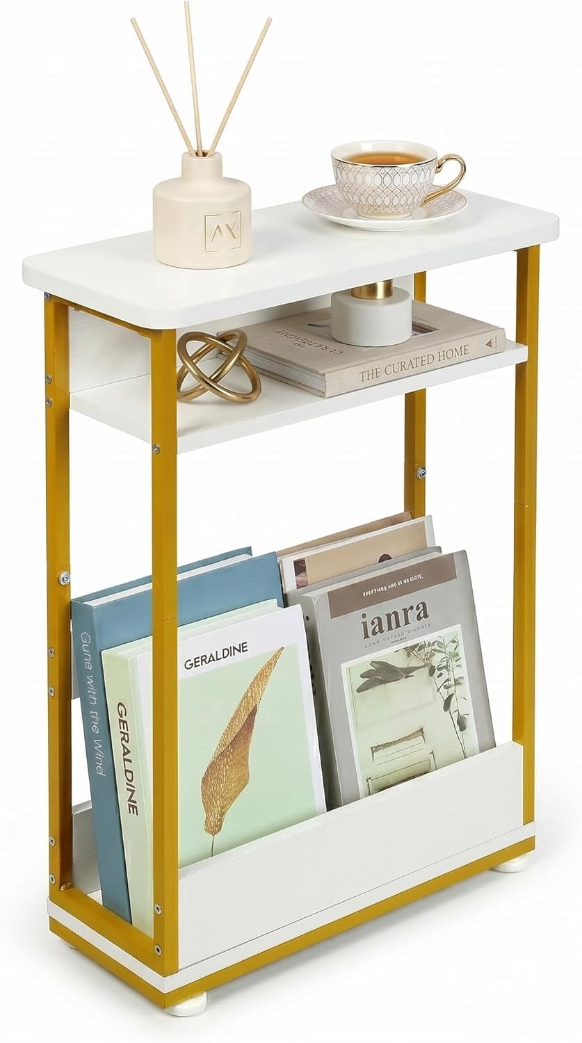 ZEXVIDA End Table for Narrow Space, 3 Tier Narrow Side Tables Modern Sofa Table with Storage Shelf, Bedside Table Slim Nightstand with Magazine Rack Living Room Home Office,White,White+gold