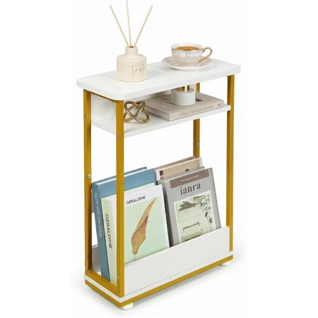 ZEXVIDA End Table for Narrow Space, 3 Tier Narrow Side Tables Modern Sofa Table with Storage Shelf, Bedside Table Slim Nightstand with Magazine Rack Living Room Home Office,White,White+gold