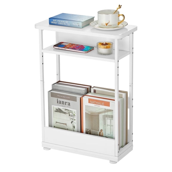 End Table for Narrow Space, 3 Tier Narrow Side Tables Modern Sofa Table with Storage Shelf, Bedside Table Slim Nightstand with Magazine Rack Living Room Home Office,White