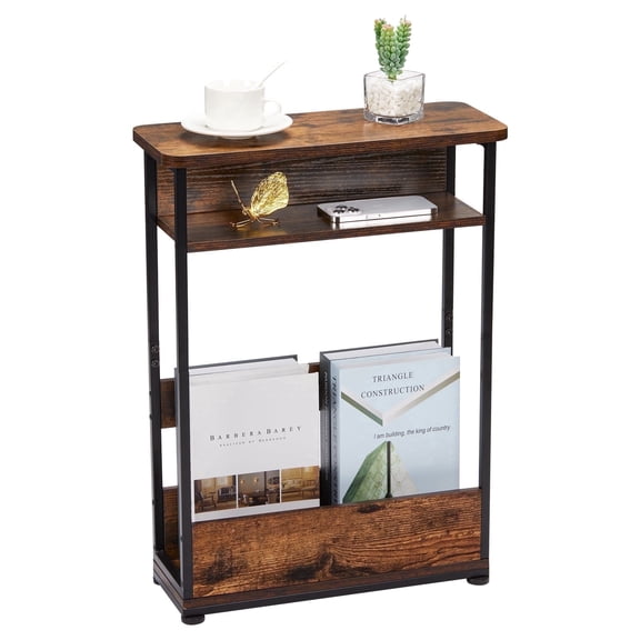 End Table for Narrow Space, 3 Tier Narrow Side Tables Modern Sofa Table with Storage Shelf, Bedside Table Slim Nightstand with Magazine Rack Living Room Home Office,Brown