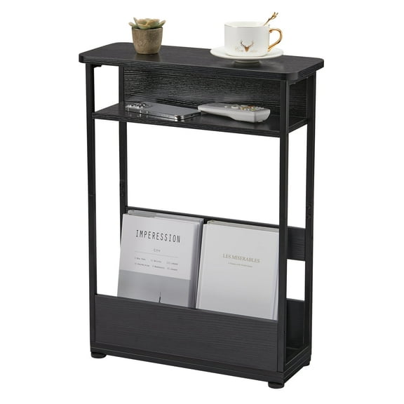 End Table for Narrow Space, 3 Tier Narrow Side Tables Modern Sofa Table with Storage Shelf, Bedside Table Slim Nightstand with Magazine Rack Living Room Home Office,Black
