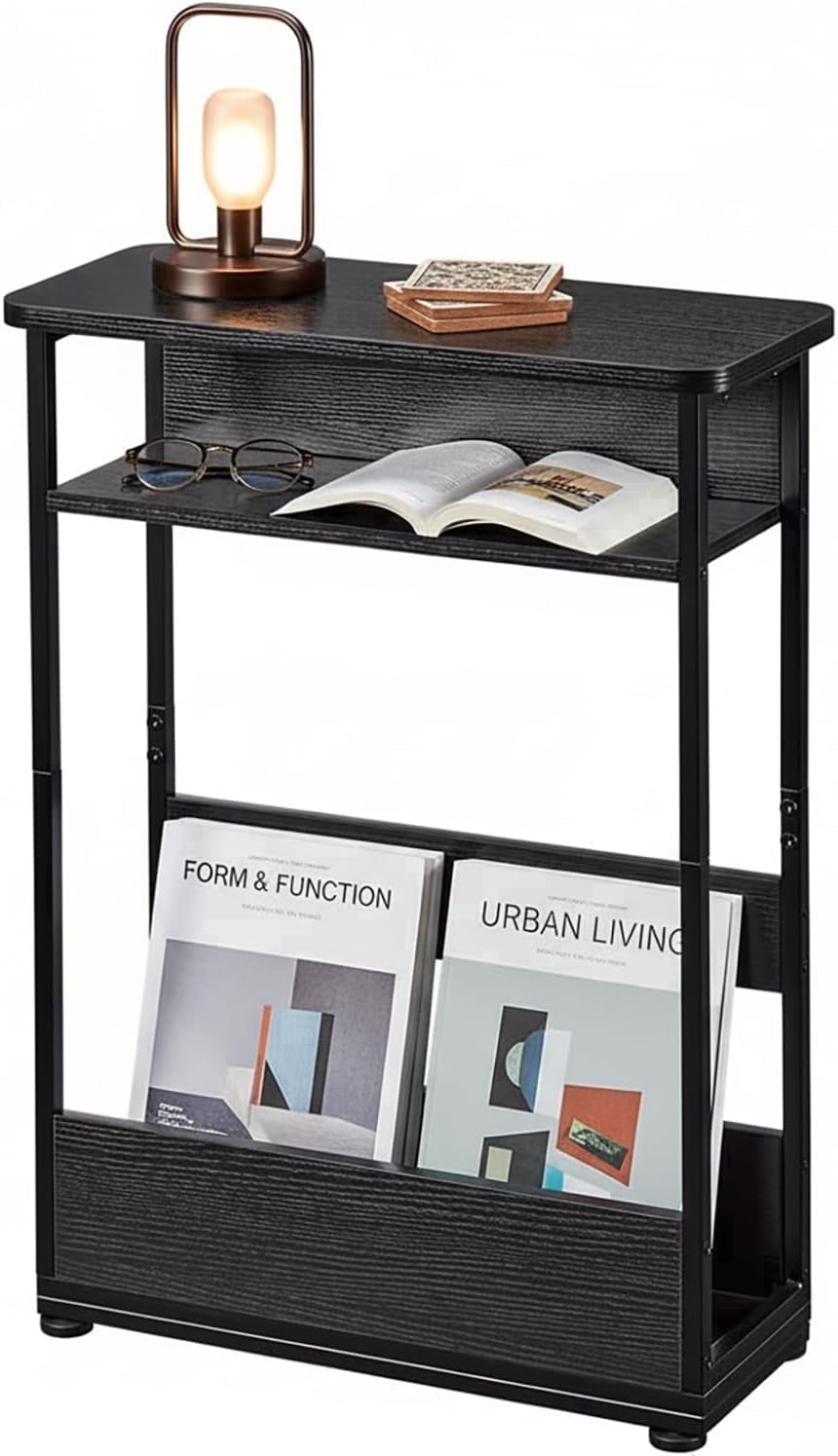 End Table for Narrow Space, 3 Tier Narrow Side Tables Modern Sofa Table with Storage Shelf, Bedside Table Slim Nightstand with Magazine Rack Living Room Home Office,Black