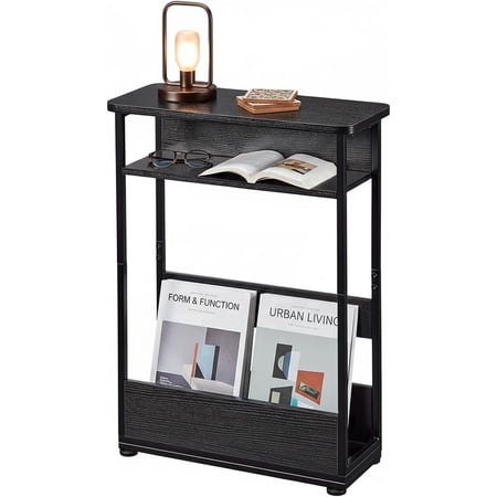 End Table for Narrow Space, 3 Tier Narrow Side Tables Modern Sofa Table with Storage Shelf, Bedside Table Slim Nightstand with Magazine Rack Living Room Home Office,Black