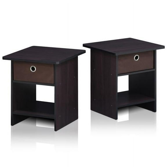 End Table & Night Stand Storage Shelf with Bin Drawer, Dark Walnut - Set of 2