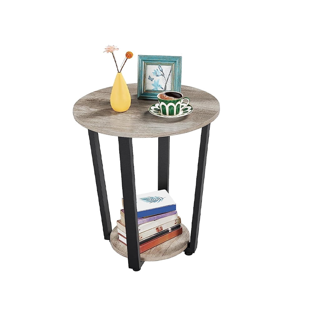 Gray Round Wood and Metal End Table Set with Storage Shelf