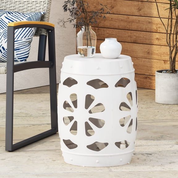 End Table, Powder-Coated Iron Side Table with Floral Cut Design and Barrel Structure, White Finish, 16.5" W x 16.5" D x 20.75" H, Fully Assembled Accent Table for Living Room or Patio