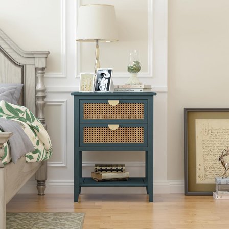End Table Rattan Nightstand - Accent Nightstand with 2 Drawers Set, American Wood Bedside Table with 1 Open Shelf, Boho Sofa Side Table with Storage for Bedroom (Green)