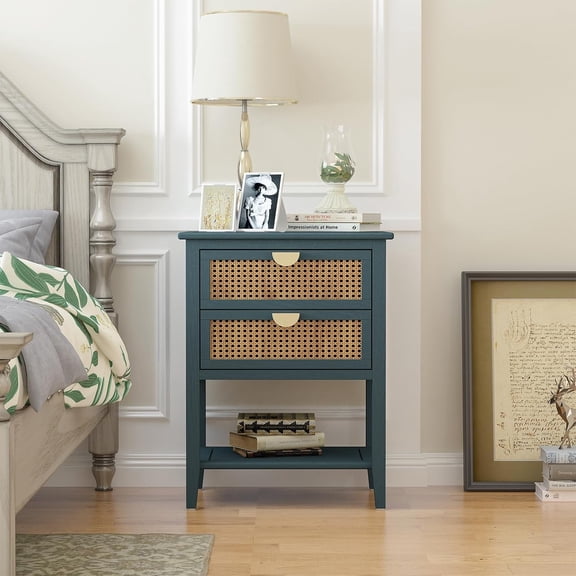 End Table Rattan Nightstand - Accent Nightstand with 2 Drawers Set, American Wood Bedside Table with 1 Open Shelf, Boho Sofa Side Table with Storage for Bedroom (Green)