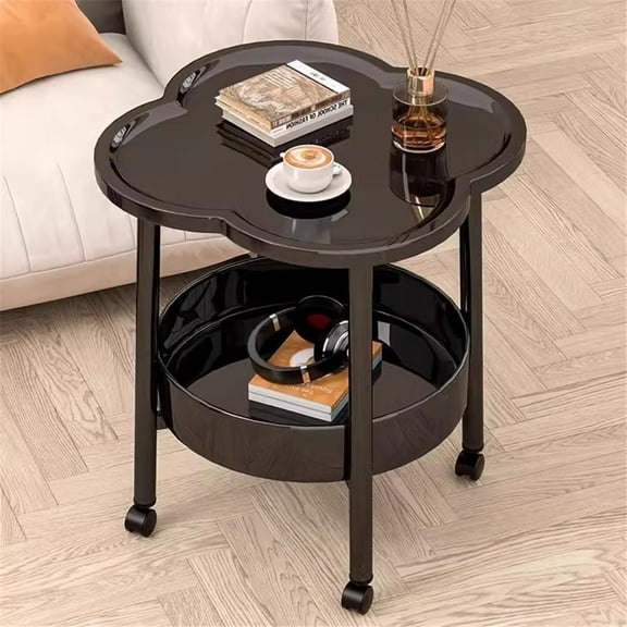 End Table with Rolling Wheels Cream Wind and Cloud Blossom Pattern Side Table for Small Space Bedroom, TV Tray Couch Table Cart for Living Room 2 Storage Shelves (Black)