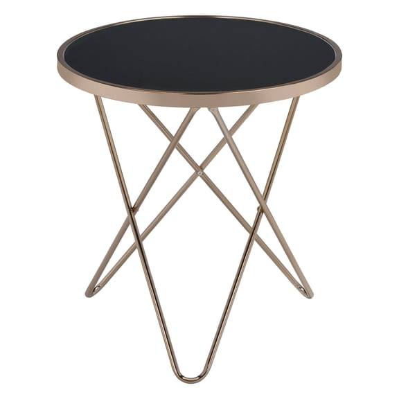 End Table with Round Black Tempered Glass Top and Champagne Finish Metal V-Shape Base, Mid-Century Modern Side Table for Living Room Lounge Area, Sophisticated Accent Table Design