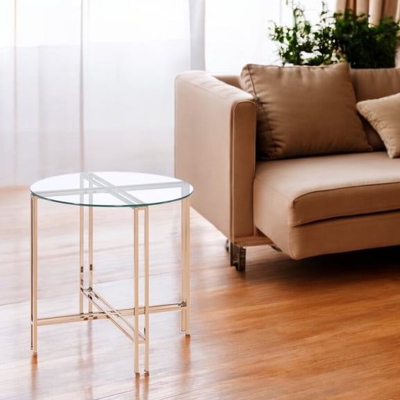 End Table with Round Clear Glass Top and Champagne Finished Metal Drum Base, Open Frame Contemporary Side Table for Living Room, Modern Elegant Accent Table, Champagne Color