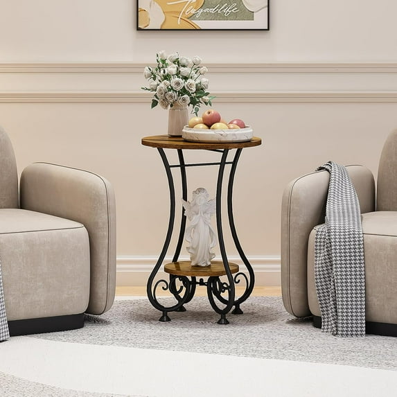 End Table, Round Side Table for Small Spaces, Coffee Tea Table Nightstand Home Decor for Living Room Balcony Bedroom Office,Rustic Brown & Black,15.75" L x 15.75" W x 24.0" H