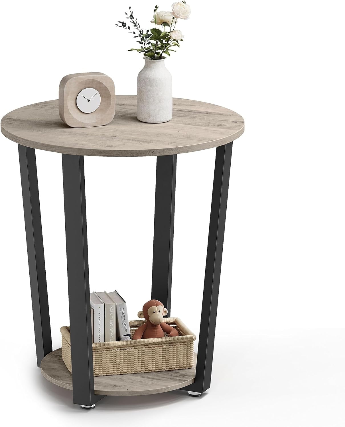 End Table Round Side Table with Storage Shelf, Easy Assembly, Industrial Accent Furniture with Steel Frame, Heather Greige and Black