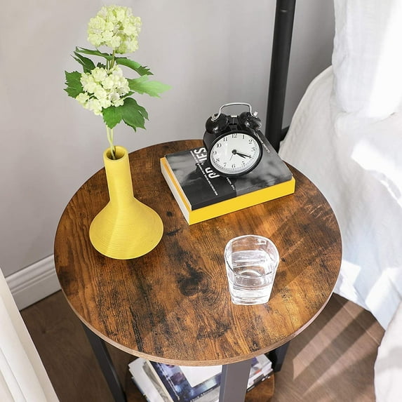 End Table, Round Side Table with Storage Shelf, Rustic Brown and Black