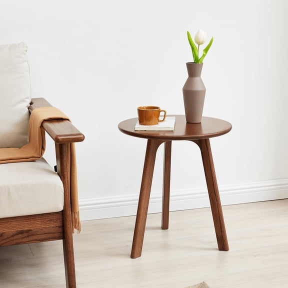 End Table, Round Solid Oak Wood Side Table with Three-Legged Structure and Non-Slip Pads, Walnut Brown Finish Accent Table for Living Room, Bedroom, and Balcony, Easy to Assemble