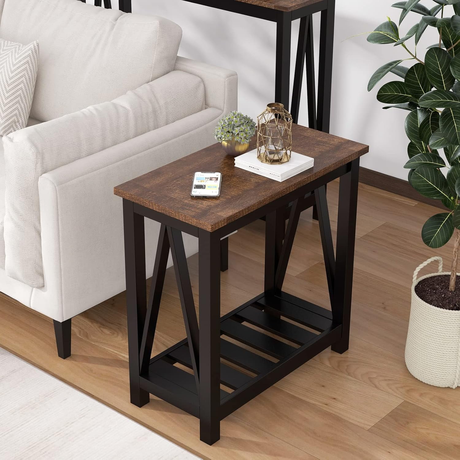 End Table, Rustic Vintage Narrow End Side Table with Storage Shelf for ...