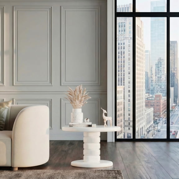 End Table with Sculptural Stacked Cobblestone Base, High Gloss White MDF Engineered Wood Side Table for Living Room, Modern Pedestal Accent Table, 22.6" x 15.7" x 15", 80lbs Capacity